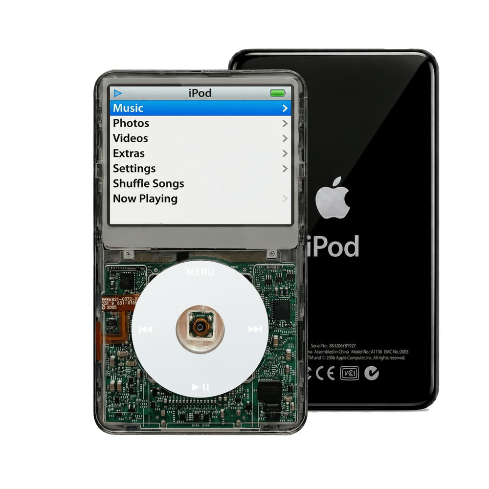 Clear Gray refurbished iPod Video 5.5 Gen with Gray click wheel and Black back plate