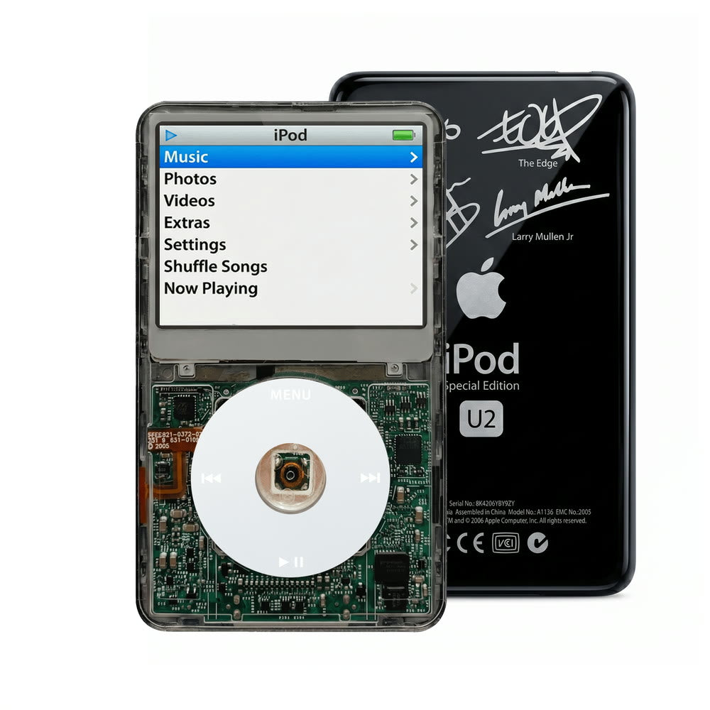 Clear Gray refurbished iPod Video 5.5 Gen with Gray click wheel and Black U2 back plate