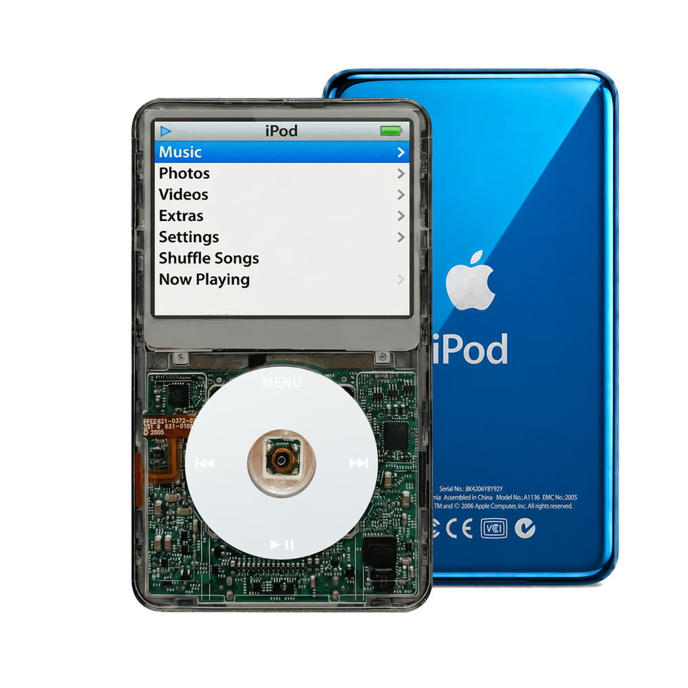 Clear Gray refurbished iPod Video 5.5 Gen with Gray click wheel and Blue back plate