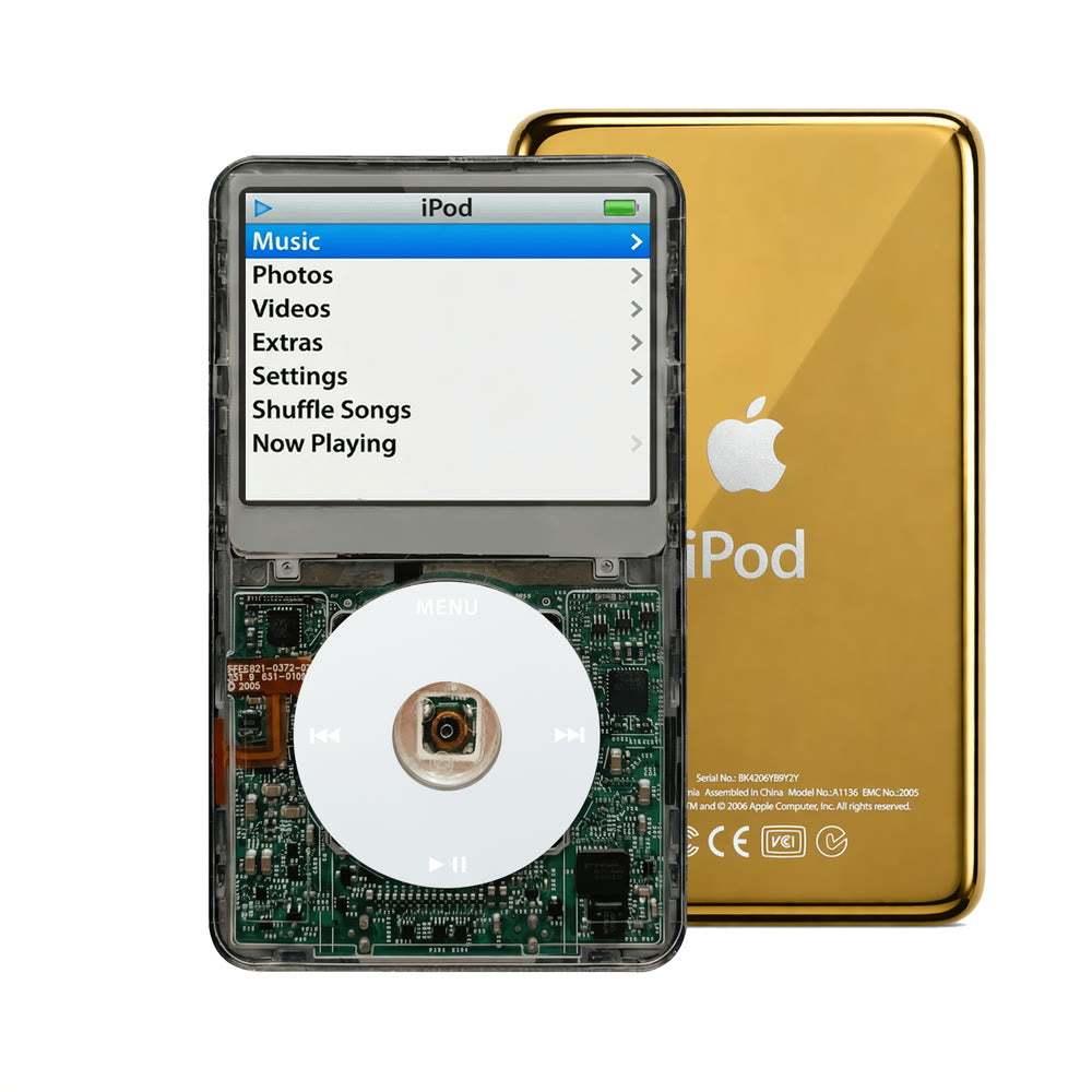 Clear Gray refurbished iPod Video 5.5 Gen with Gray click wheel and Gold back plate