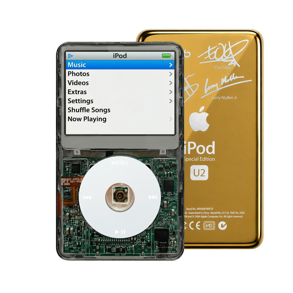 Clear Gray refurbished iPod Video 5.5 Gen with Gray click wheel and Gold U2 back plate