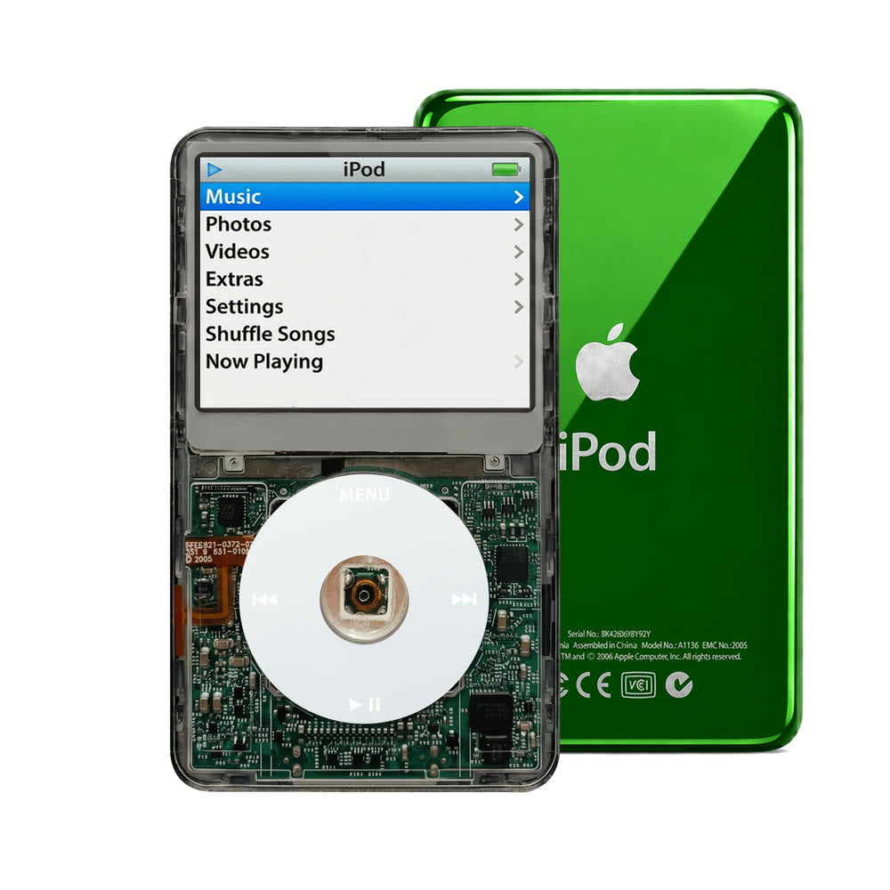 Clear Gray refurbished iPod Video 5.5 Gen with Gray click wheel and Green back plate