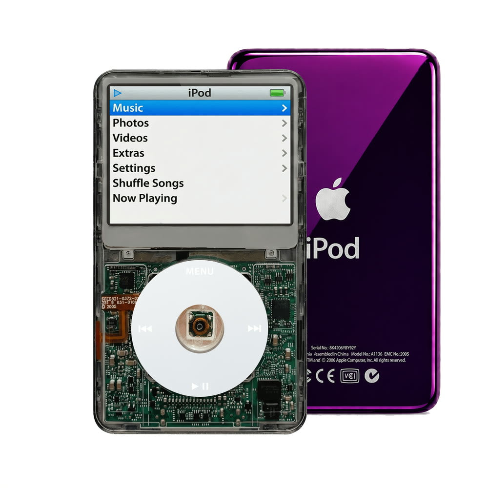 Clear Gray refurbished iPod Video 5.5 Gen with Gray click wheel and Purple back plate