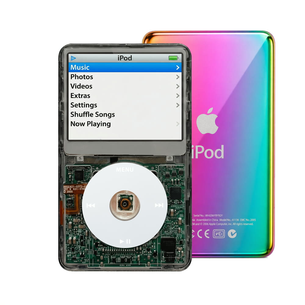 Clear Gray refurbished iPod Video 5.5 Gen with Gray click wheel and Rainbow back plate