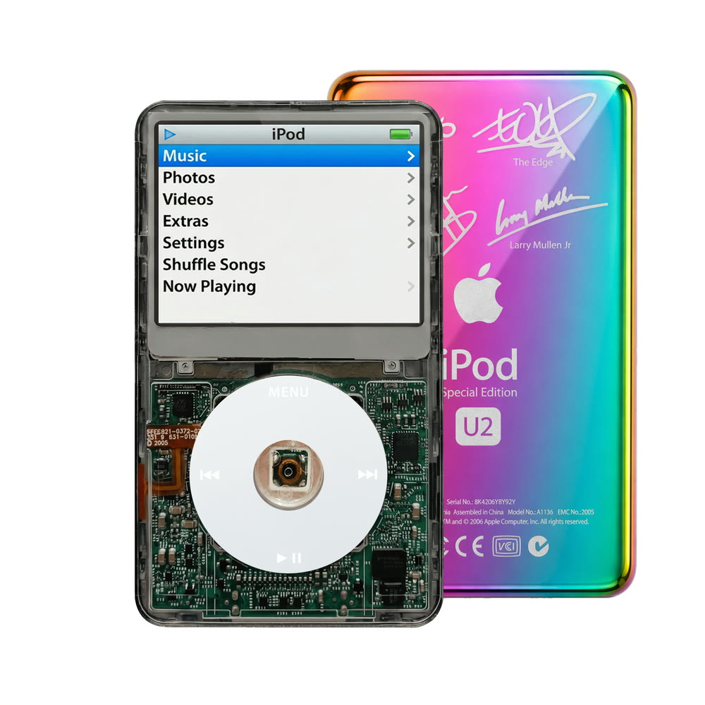 Clear Gray refurbished iPod Video 5.5 Gen with Gray click wheel and Rainbow U2 back plate