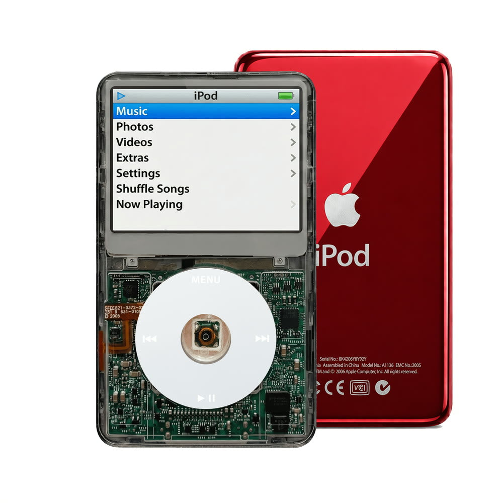 Clear Gray refurbished iPod Video 5.5 Gen with Gray click wheel and Red back plate