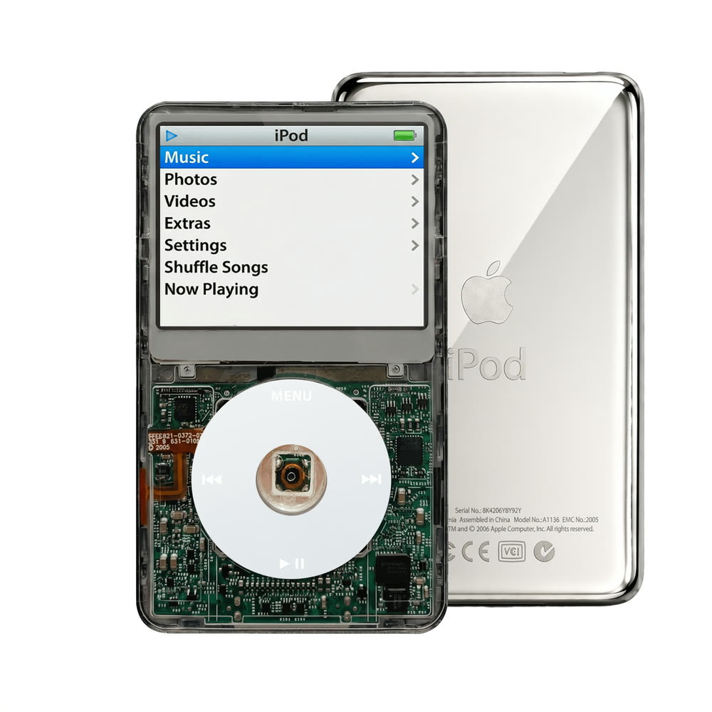 Clear Gray refurbished iPod Video 5.5 Gen with Gray click wheel and Silver back plate