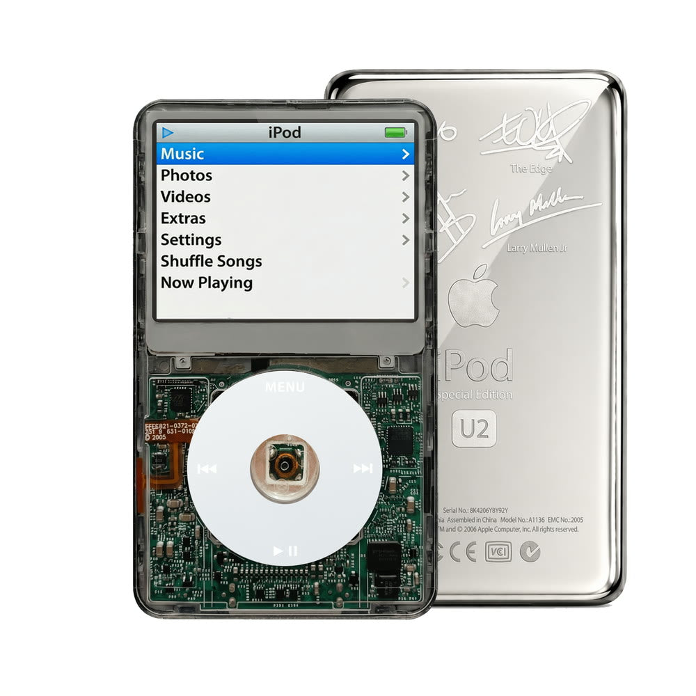 Clear Gray refurbished iPod Video 5.5 Gen with Gray click wheel and Silver U2 back plate