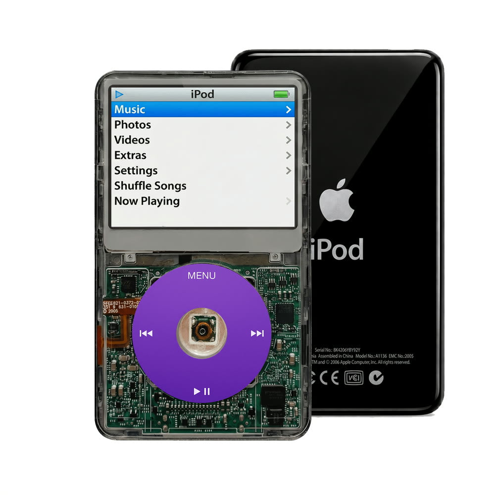 Clear Gray refurbished iPod Video 5.5 Gen with Purple click wheel and Black back plate