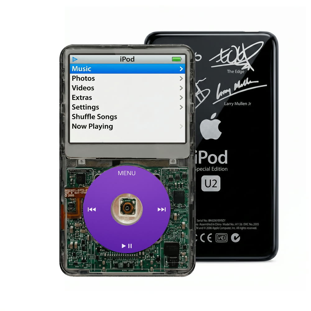 Clear Gray refurbished iPod Video 5.5 Gen with Purple click wheel and Black U2 back plate