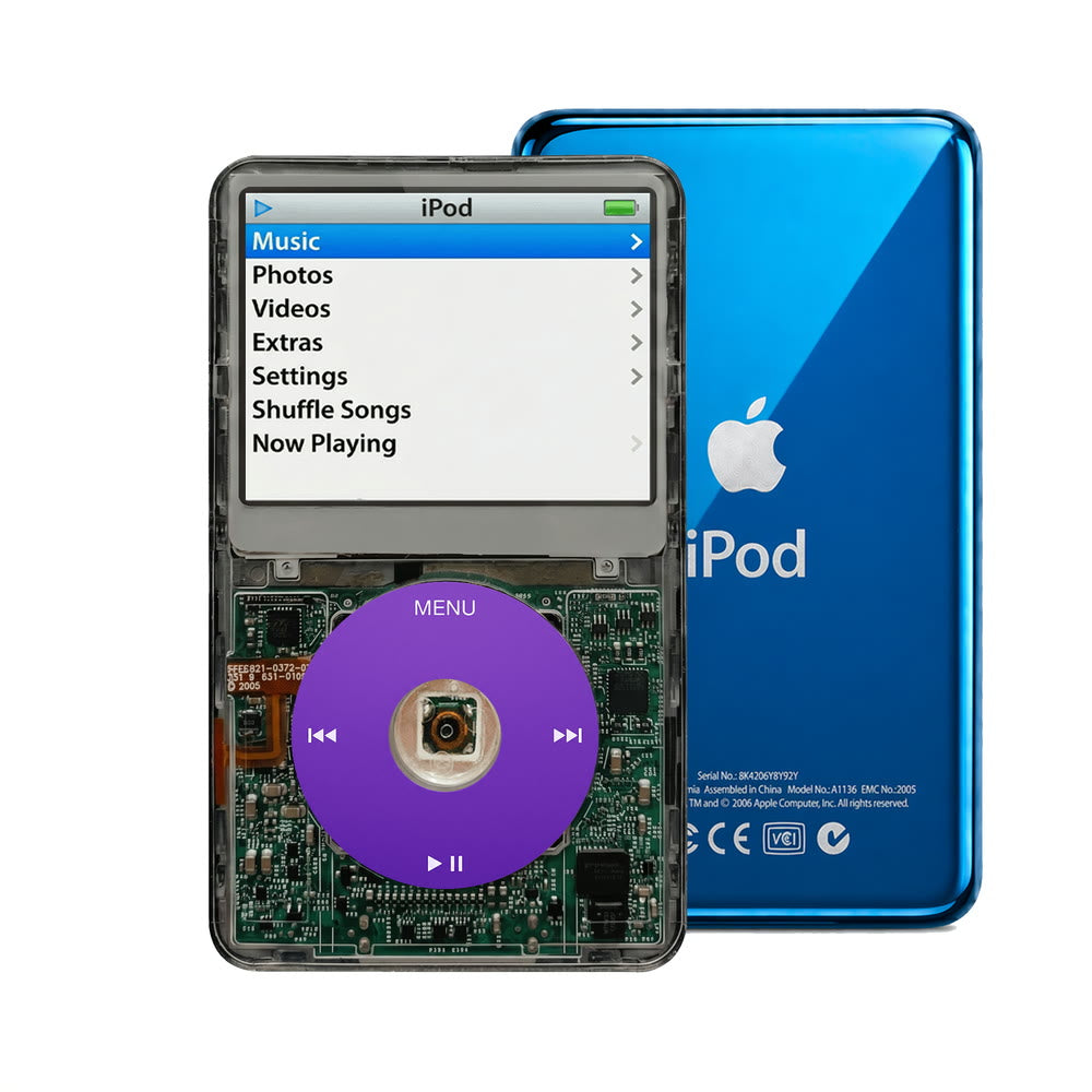 Clear Gray refurbished iPod Video 5.5 Gen with Purple click wheel and Blue back plate