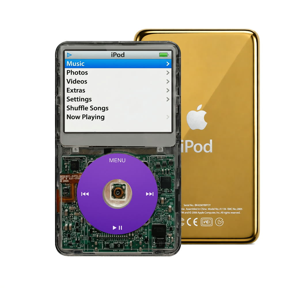 Clear Gray refurbished iPod Video 5.5 Gen with Purple click wheel and Gold back plate