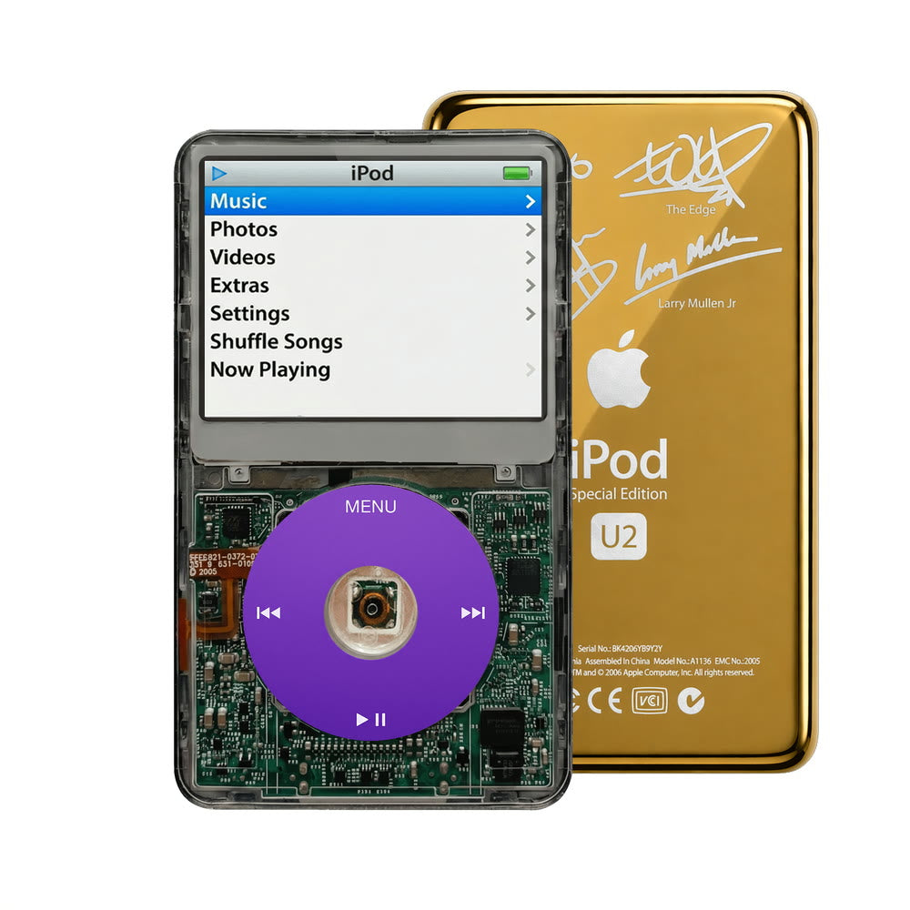 Clear Gray refurbished iPod Video 5.5 Gen with Purple click wheel and Gold U2 back plate