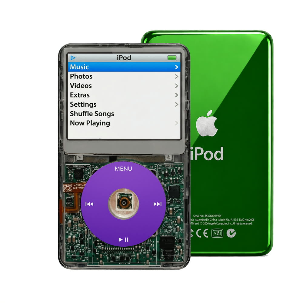 Clear Gray refurbished iPod Video 5.5 Gen with Purple click wheel and Green back plate