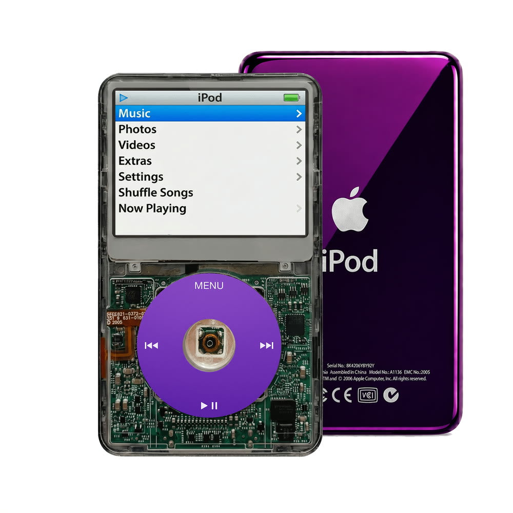 Clear Gray refurbished iPod Video 5.5 Gen with Purple click wheel and Purple back plate