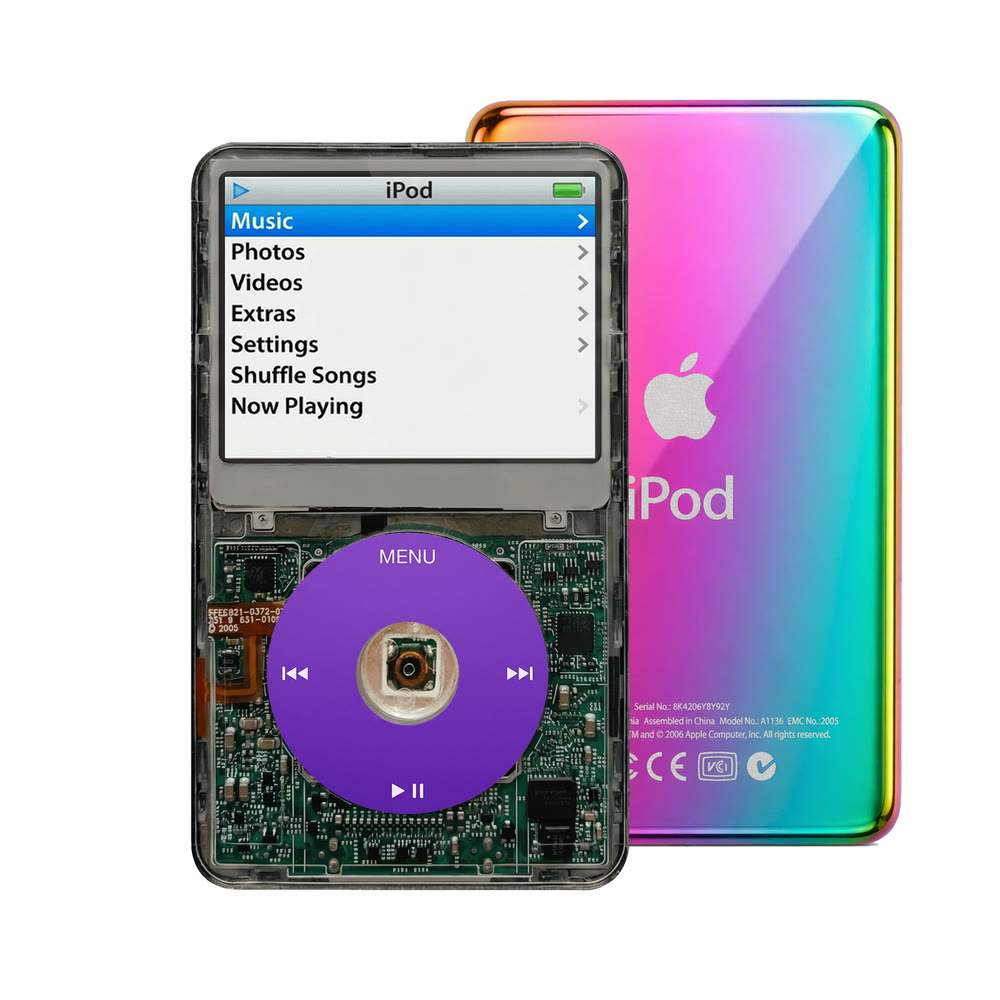 Clear Gray refurbished iPod Video 5.5 Gen with Purple click wheel and Rainbow back plate