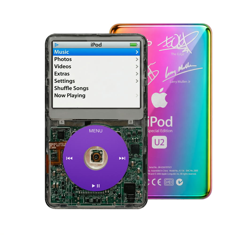 Clear Gray refurbished iPod Video 5.5 Gen with Purple click wheel and Rainbow U2 back plate