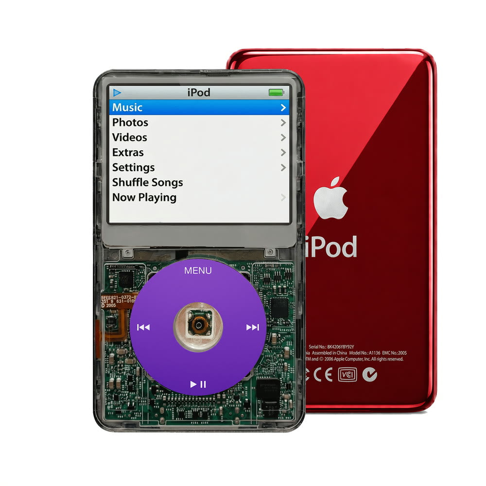 Clear Gray refurbished iPod Video 5.5 Gen with Purple click wheel and Red back plate