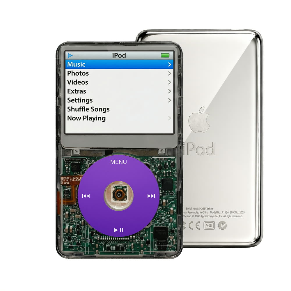 Clear Gray refurbished iPod Video 5.5 Gen with Purple click wheel and Silver back plate