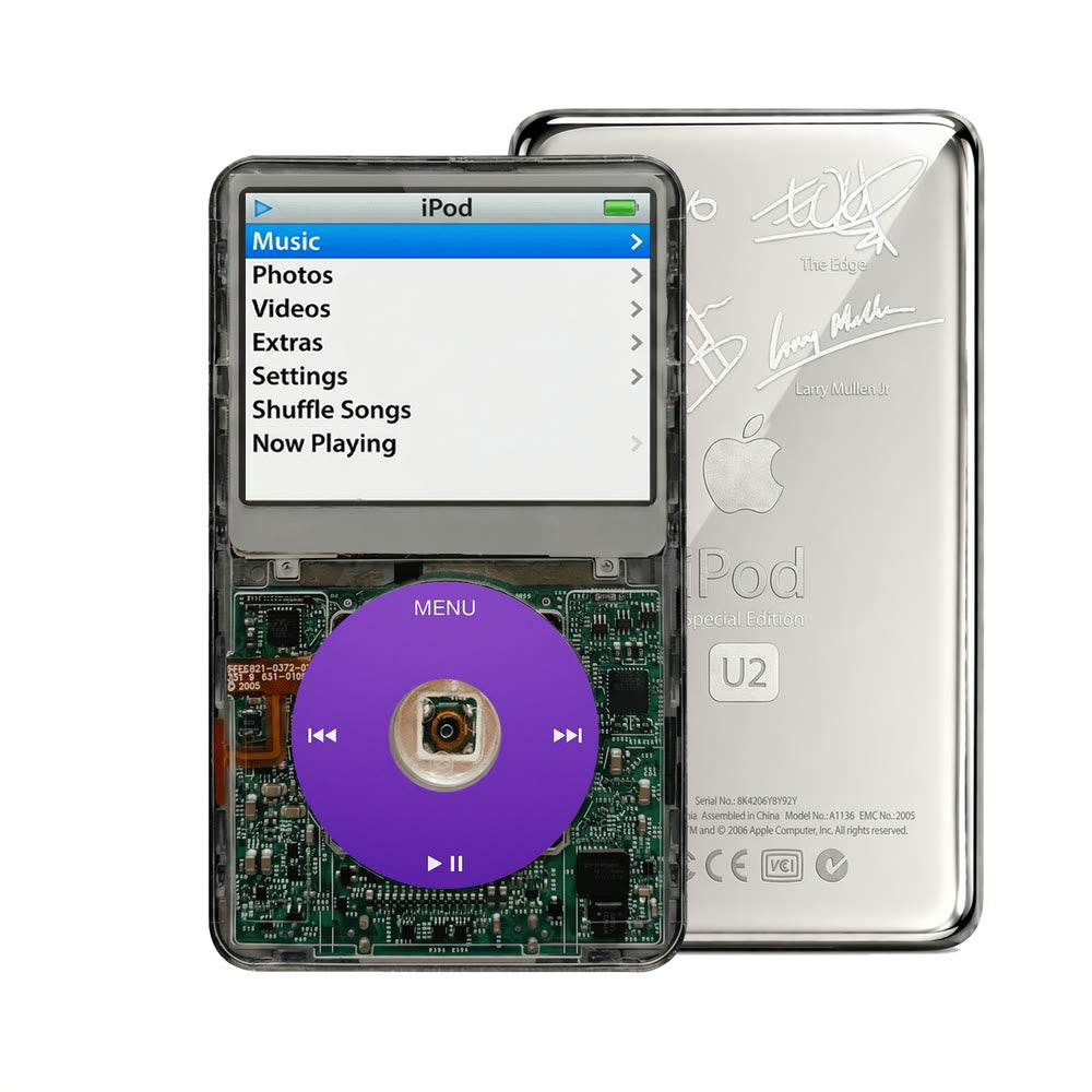 Clear Gray refurbished iPod Video 5.5 Gen with Purple click wheel and Silver U2 back plate