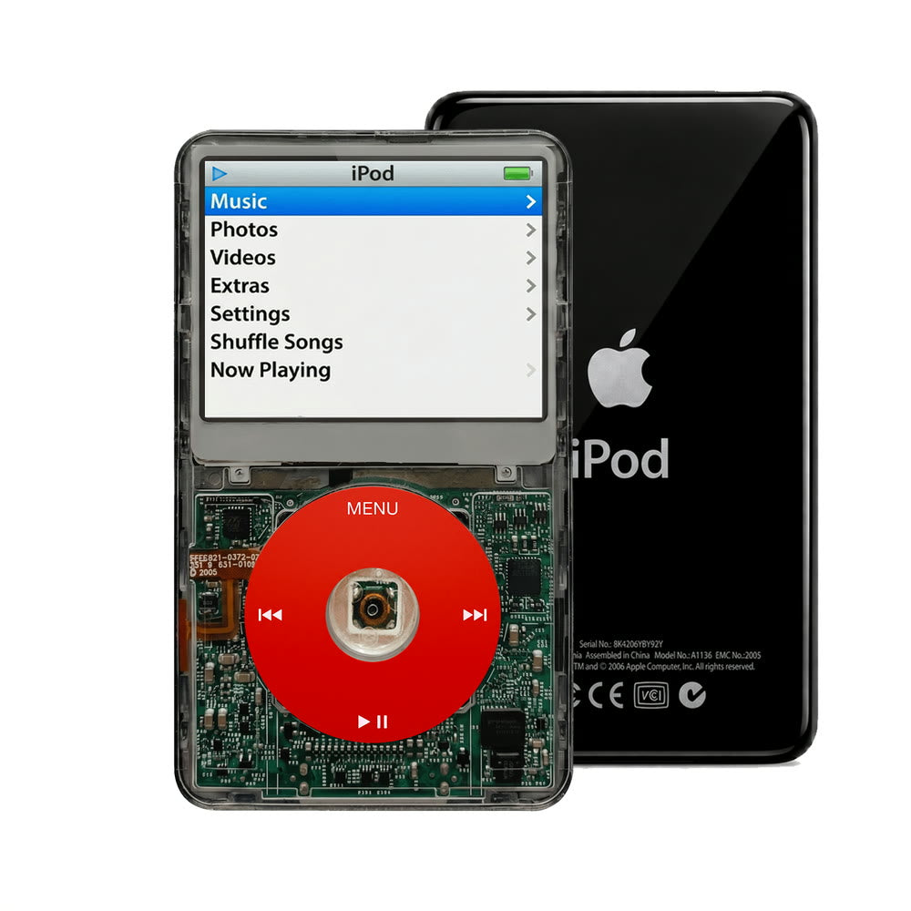 Clear Gray refurbished iPod Video 5.5 Gen with Red click wheel and Black back plate