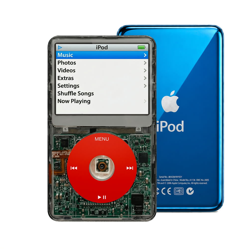 Clear Gray refurbished iPod Video 5.5 Gen with Red click wheel and Blue back plate