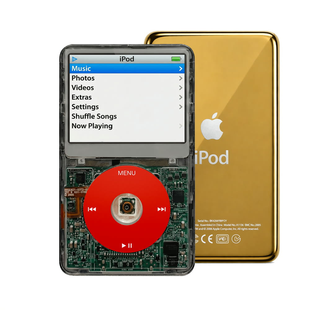 Clear Gray refurbished iPod Video 5.5 Gen with Red click wheel and Gold back plate