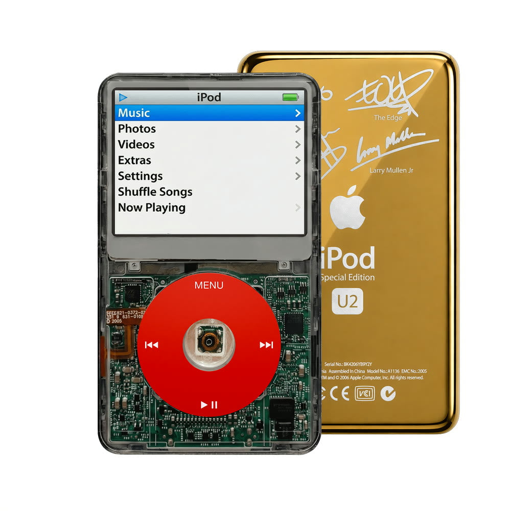 Clear Gray refurbished iPod Video 5.5 Gen with Red click wheel and Gold U2 back plate