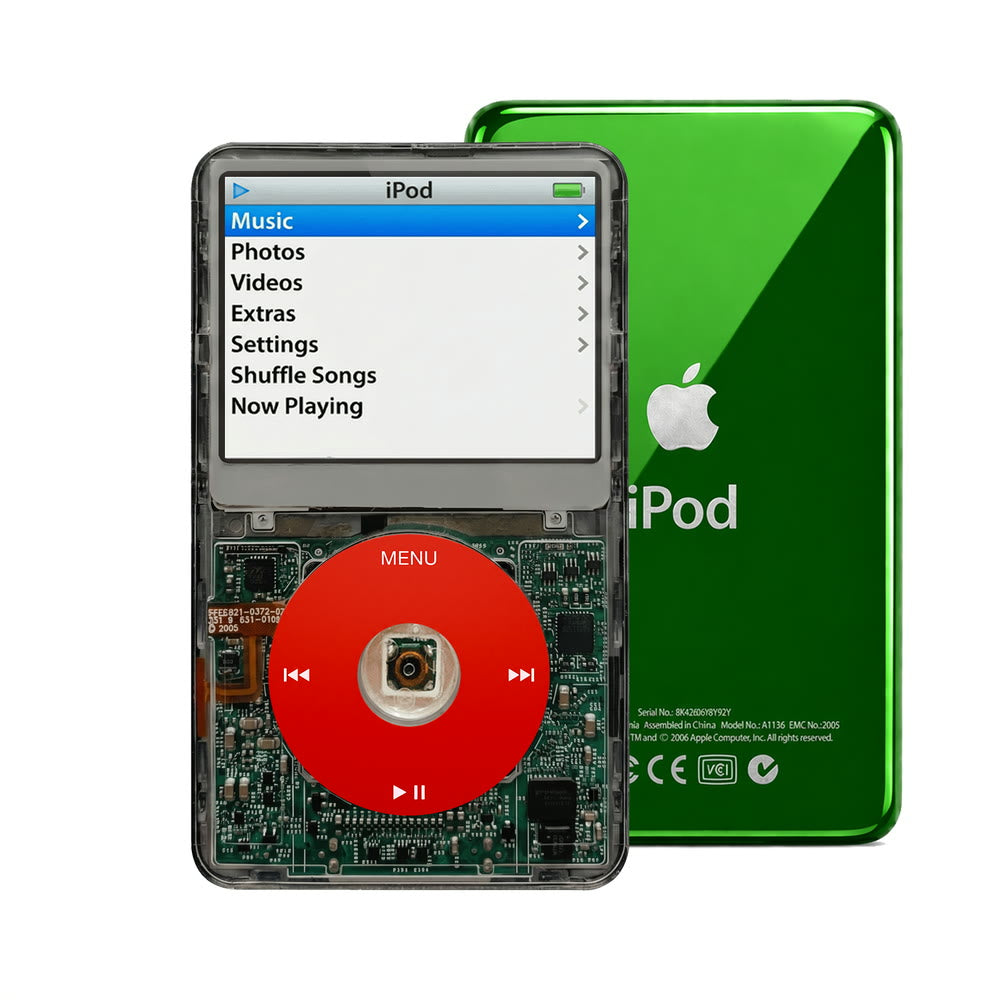 Clear Gray refurbished iPod Video 5.5 Gen with Red click wheel and Green back plate