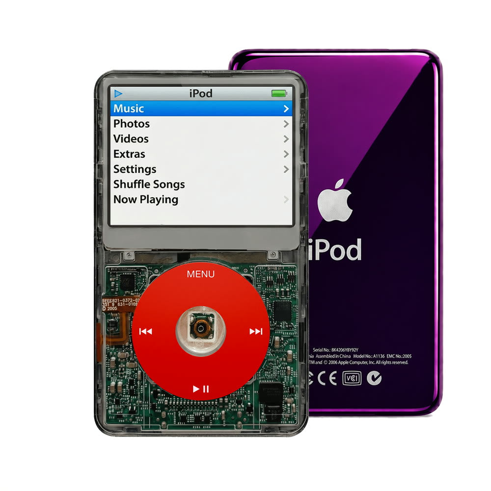 Clear Gray refurbished iPod Video 5.5 Gen with Red click wheel and Purple back plate