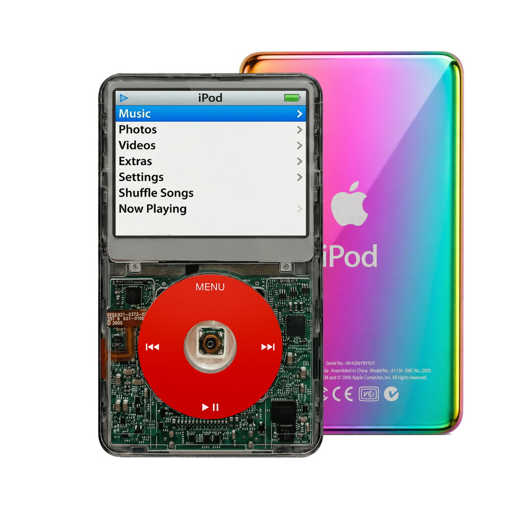 Clear Gray refurbished iPod Video 5.5 Gen with Red click wheel and Rainbow back plate