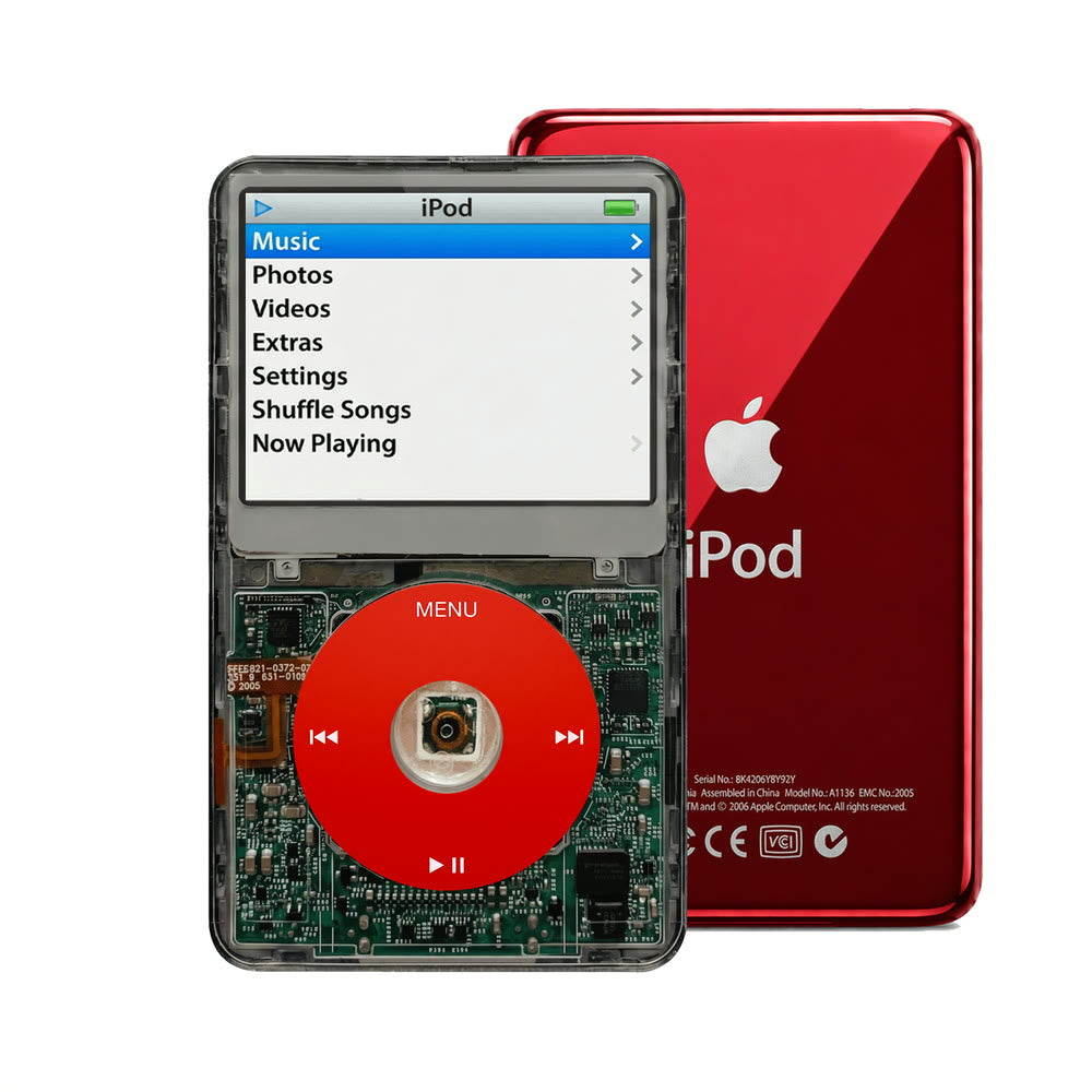 Clear Gray refurbished iPod Video 5.5 Gen with Red click wheel and Red back plate