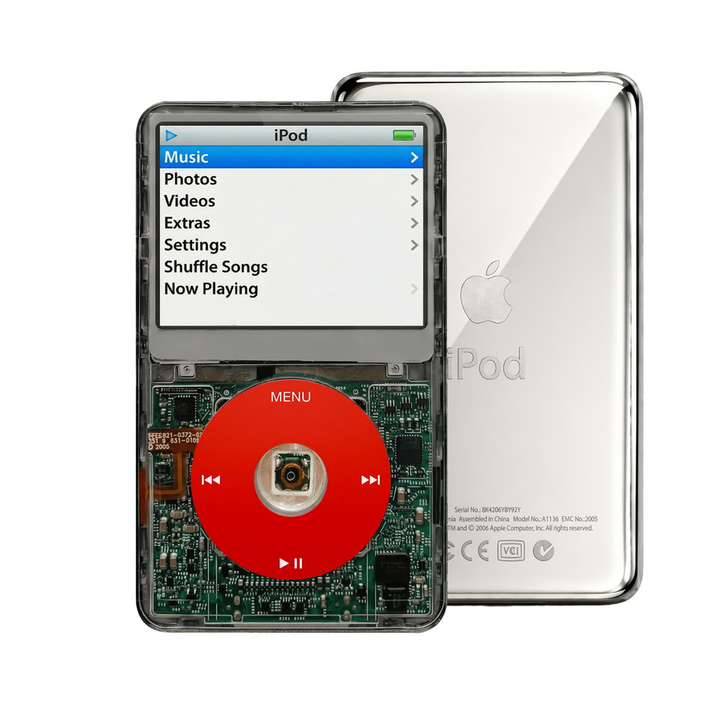 Clear Gray refurbished iPod Video 5.5 Gen with Red click wheel and Silver back plate