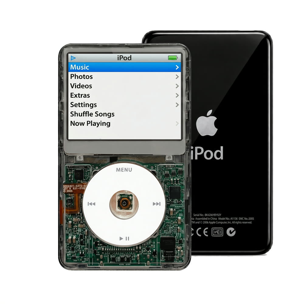 Clear Gray refurbished iPod Video 5.5 Gen with White click wheel and Black back plate