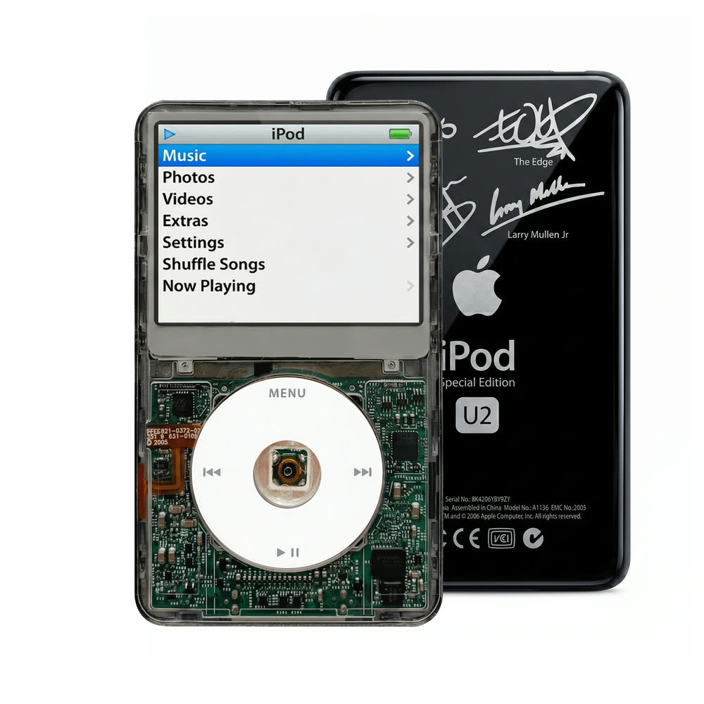 Clear Gray refurbished iPod Video 5.5 Gen with White click wheel and Black U2 back plate