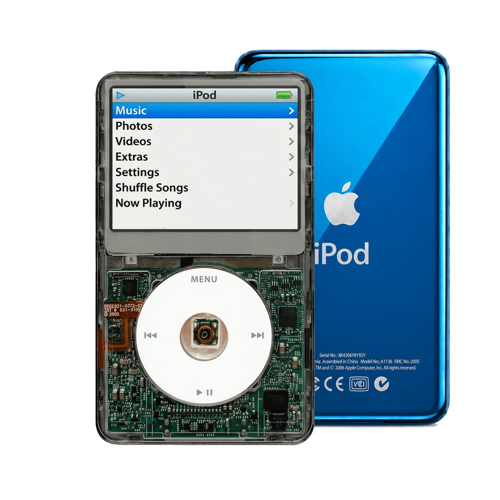 Clear Gray refurbished iPod Video 5.5 Gen with White click wheel and Blue back plate