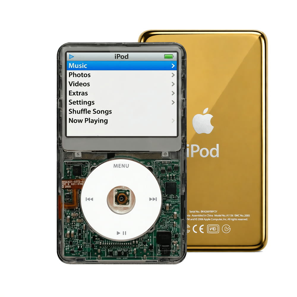 Clear Gray refurbished iPod Video 5.5 Gen with White click wheel and Gold back plate