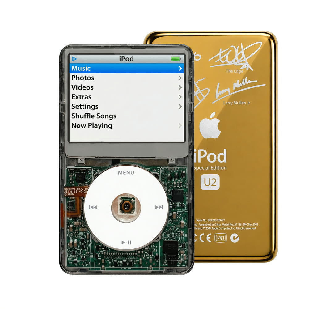 Clear Gray refurbished iPod Video 5.5 Gen with White click wheel and Gold U2 back plate