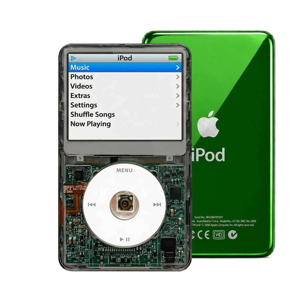 Clear Gray refurbished iPod Video 5.5 Gen with White click wheel and Green back plate