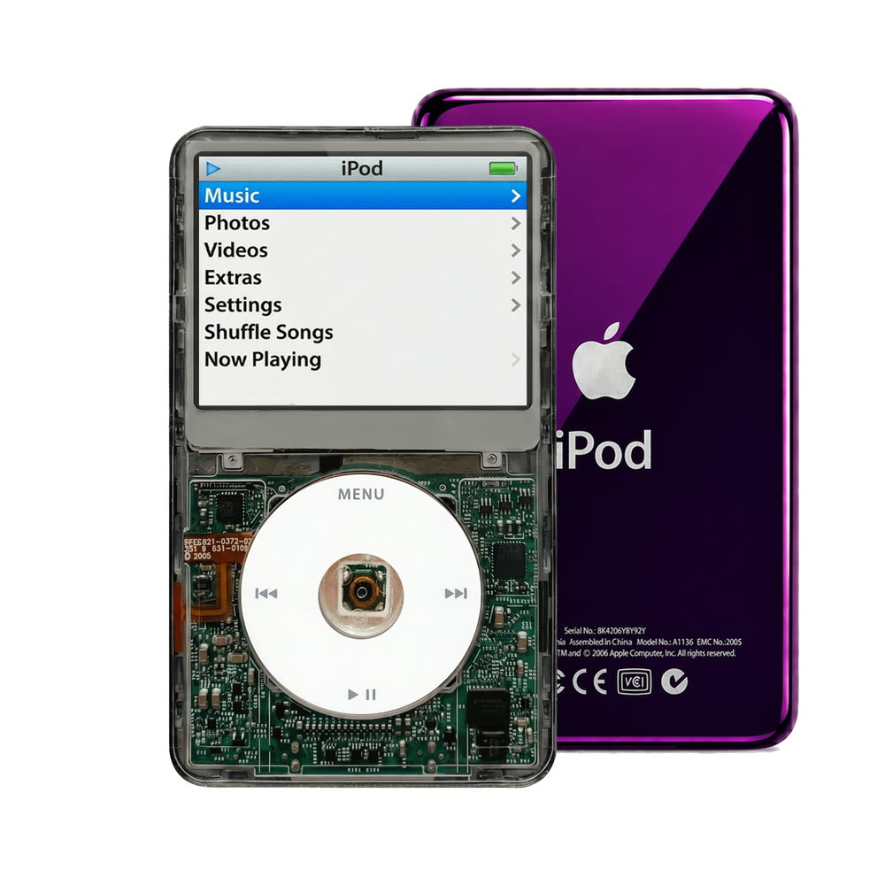 Clear Gray refurbished iPod Video 5.5 Gen with White click wheel and Purple back plate