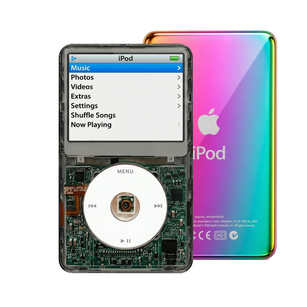 Clear Gray refurbished iPod Video 5.5 Gen with White click wheel and Rainbow back plate