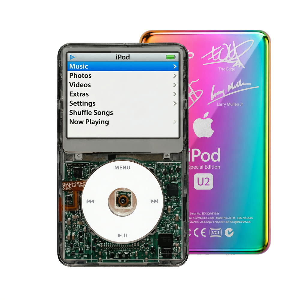 Clear Gray refurbished iPod Video 5.5 Gen with White click wheel and Rainbow U2 back plate
