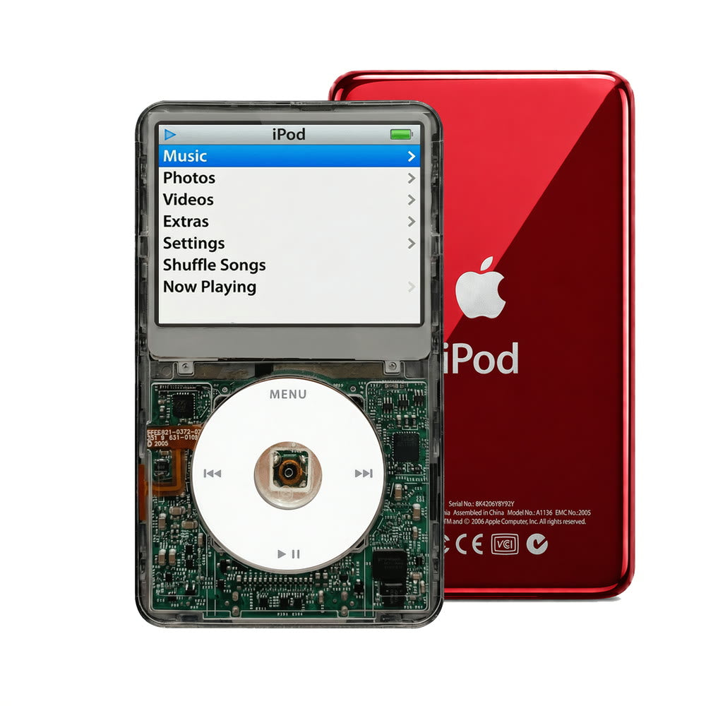 Clear Gray refurbished iPod Video 5.5 Gen with White click wheel and Red back plate