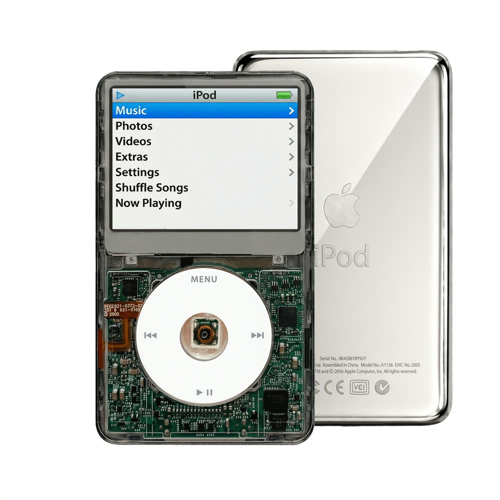 Clear Gray refurbished iPod Video 5.5 Gen with White click wheel and Silver back plate