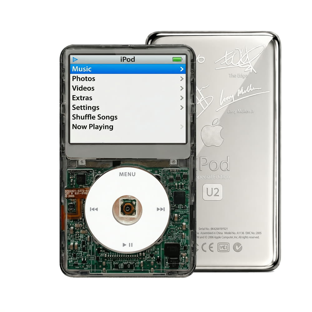 Clear Gray refurbished iPod Video 5.5 Gen with White click wheel and Silver U2 back plate