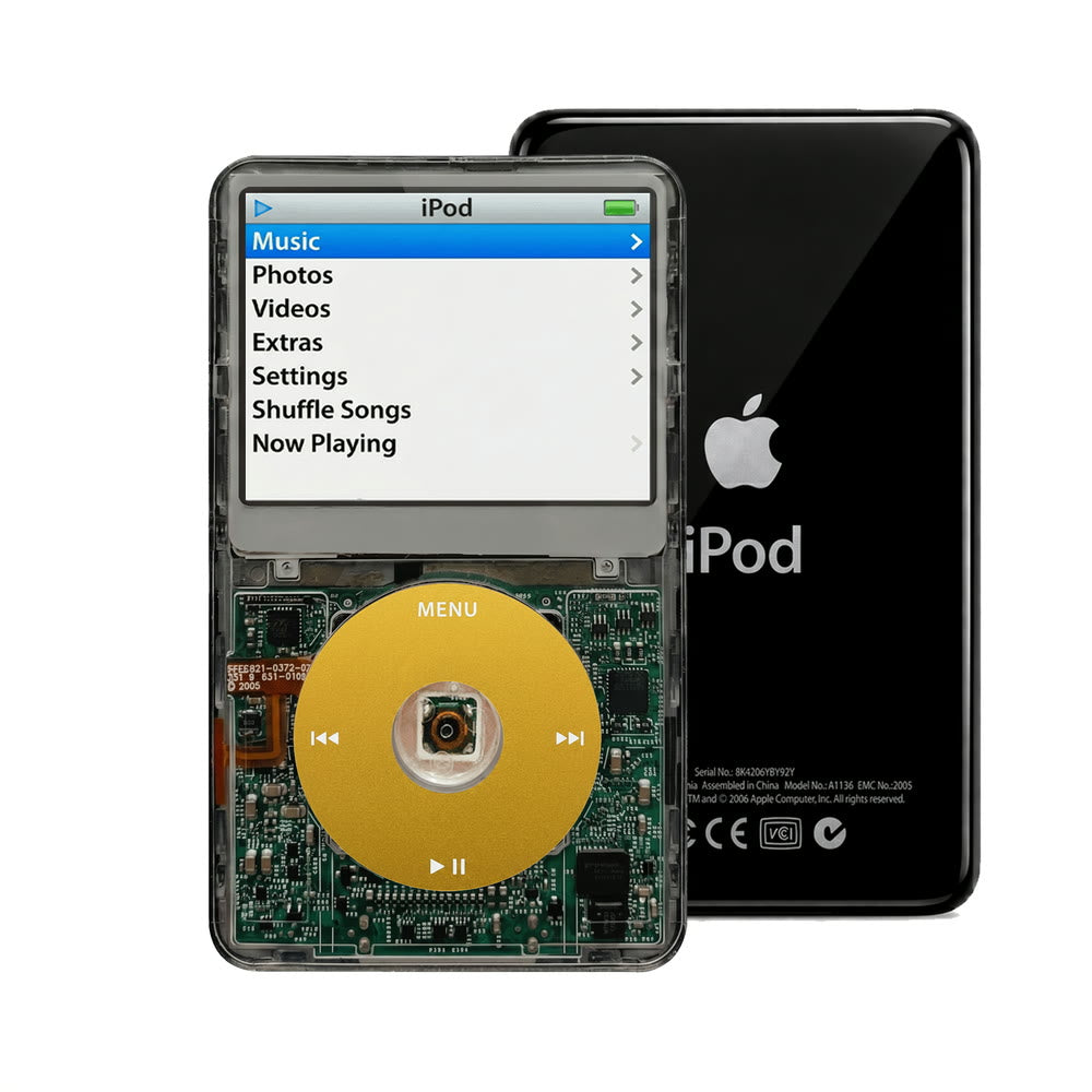 Clear Gray refurbished iPod Video 5.5 Gen with Yellow click wheel and Black back plate