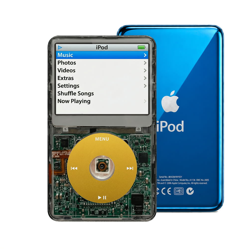 Clear Gray refurbished iPod Video 5.5 Gen with Yellow click wheel and Blue back plate