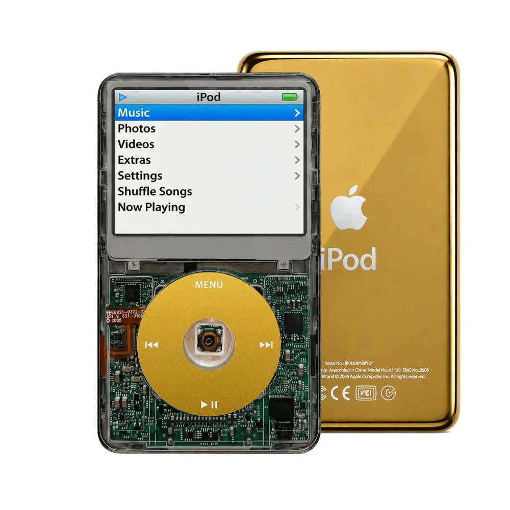 Clear Gray refurbished iPod Video 5.5 Gen with Yellow click wheel and Gold back plate