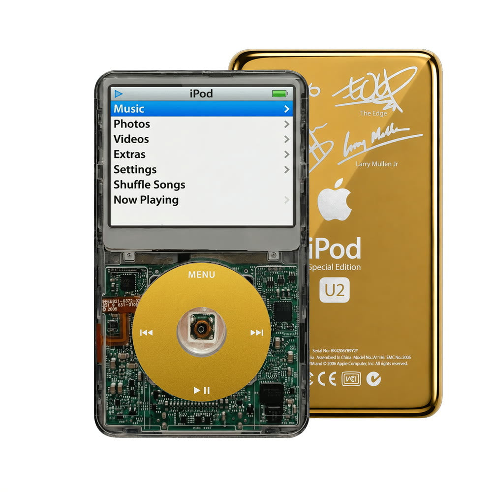 Clear Gray refurbished iPod Video 5.5 Gen with Yellow click wheel and Gold U2 back plate
