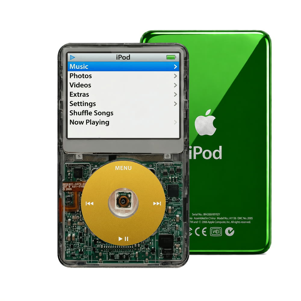 Clear Gray refurbished iPod Video 5.5 Gen with Yellow click wheel and Green back plate